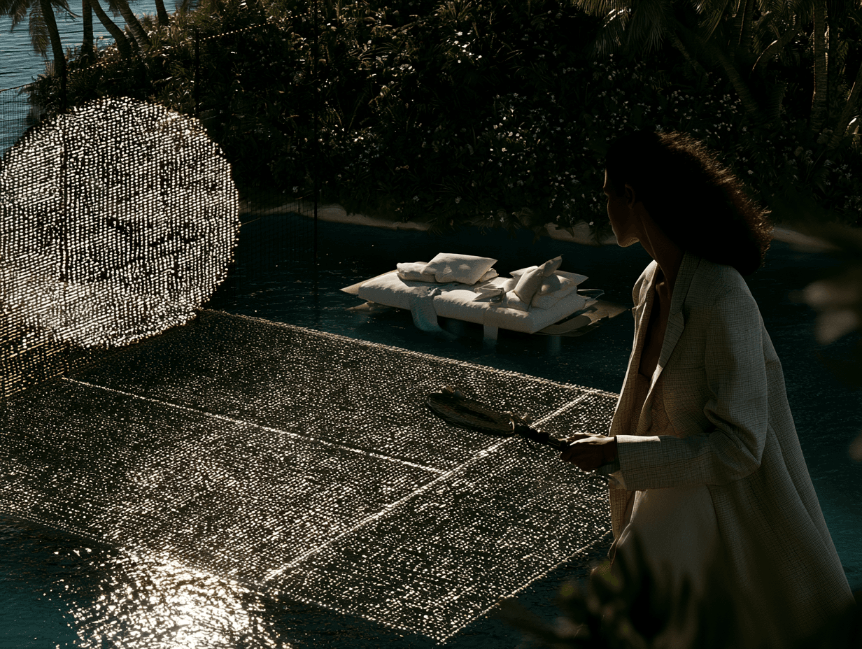 Island padel court with computational racket imagery
