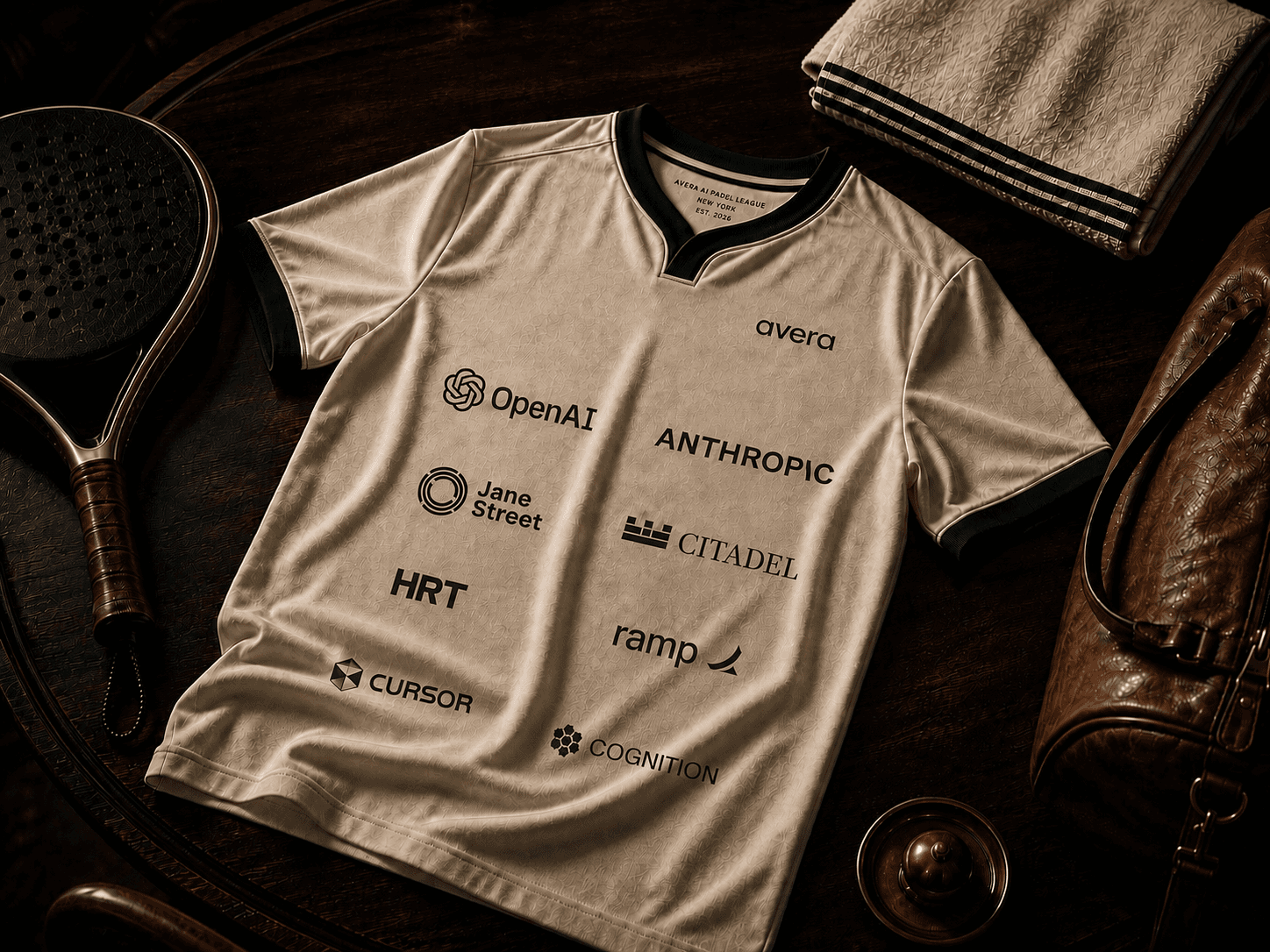 Avera AI Padel League jersey with sponsor marks on a dark wooden table