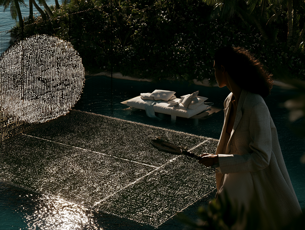 Island padel court with computational racket imagery